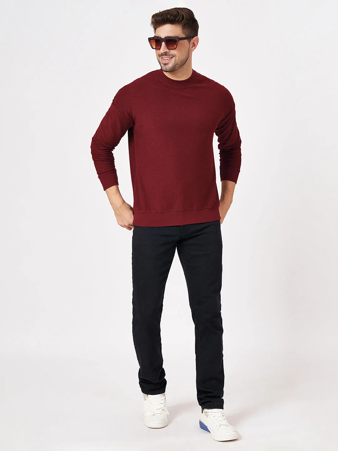 100% Cotton Waffle Knit Full Sleeve Round Neck Sweatshirt