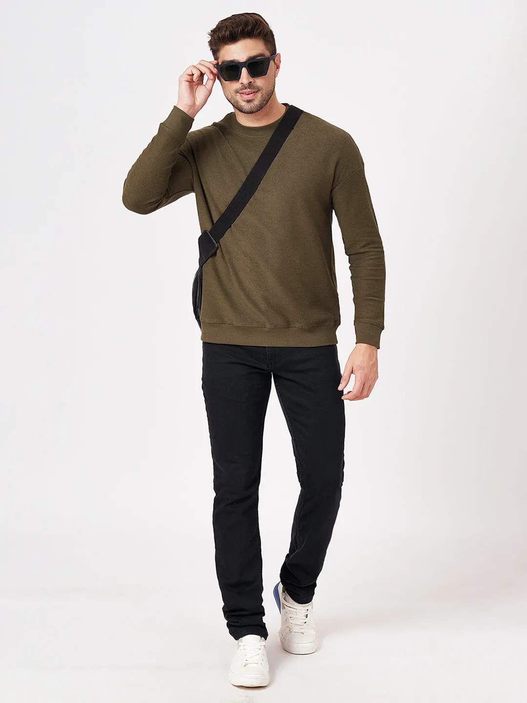 100% Cotton Waffle Knit Full Sleeve Round Neck Sweatshirt