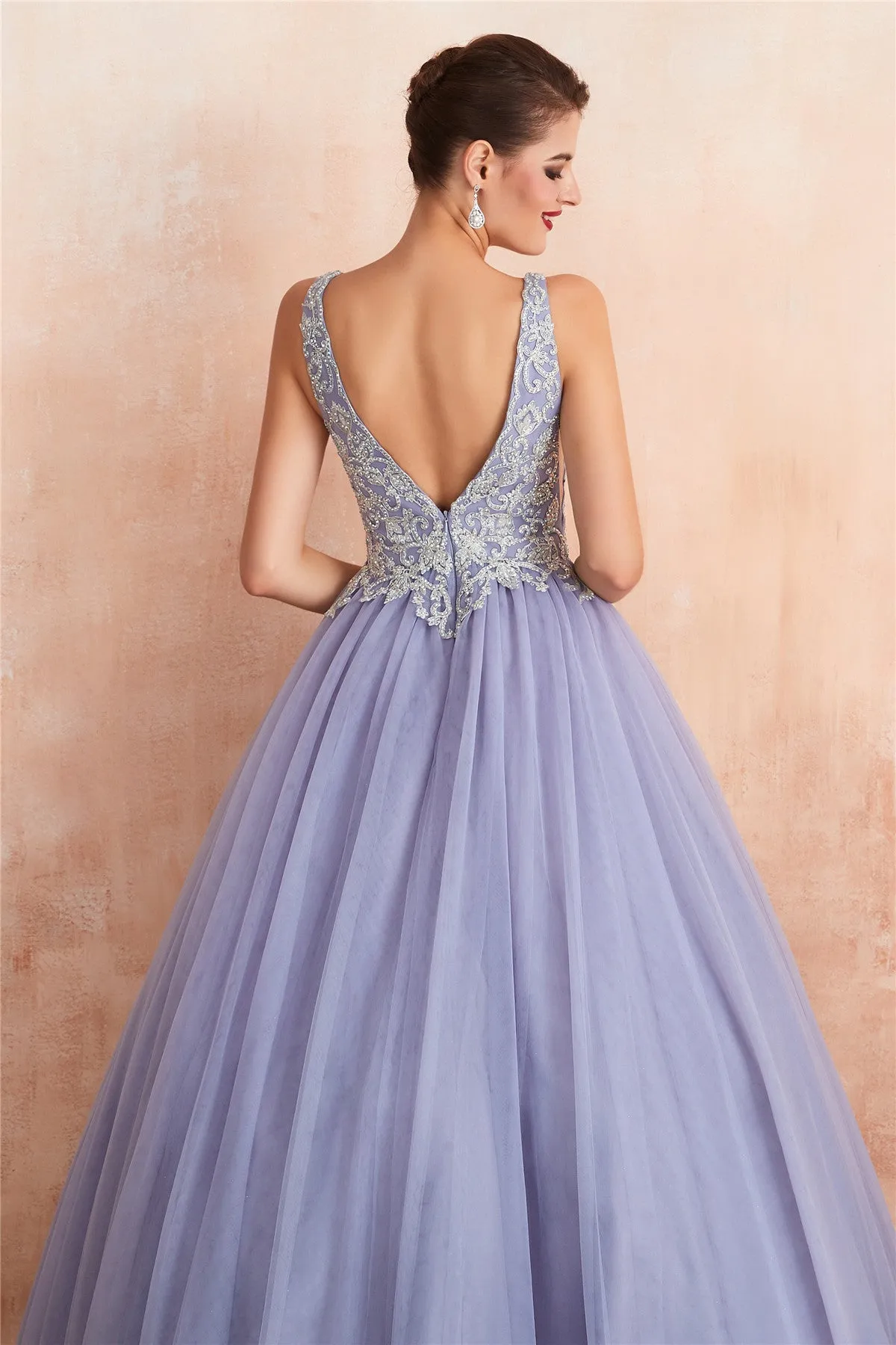 Ball Gown Appliqued Lavender Prom Dress with Beading