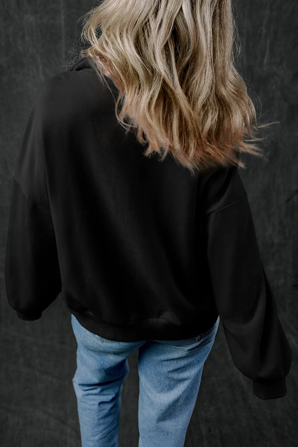 Black Zip-up Stand Neck Kangaroo Pocket Sweatshirt