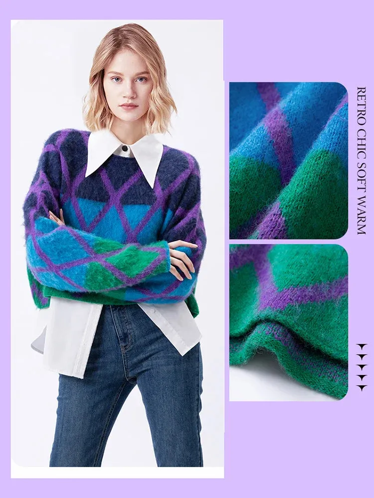 Brand Quality Mohair Sweater For Women Round Neck Long Sleeve Colorblock Knitting Pullovers Female Winter Clothing 2023 C-181