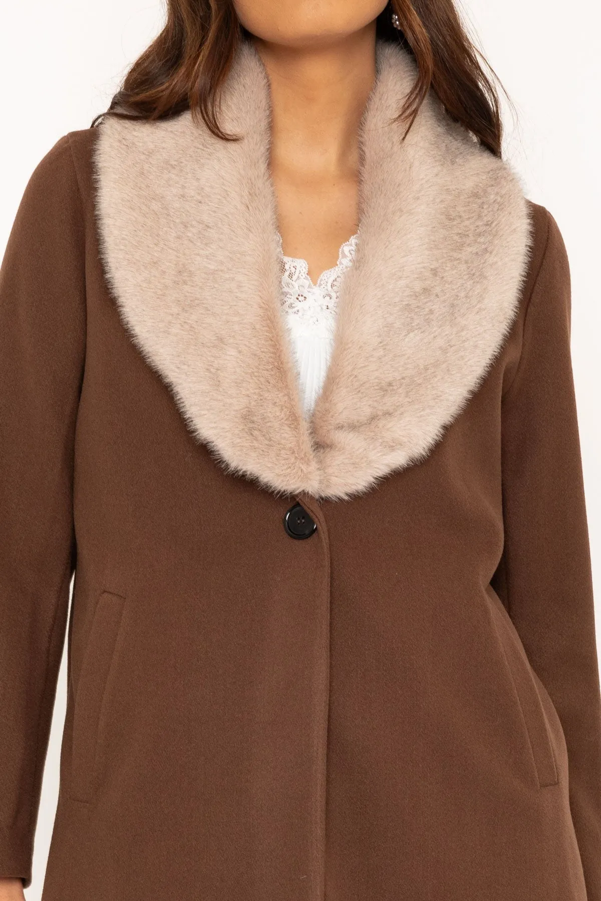 Brown Faux Fur Collar Coat