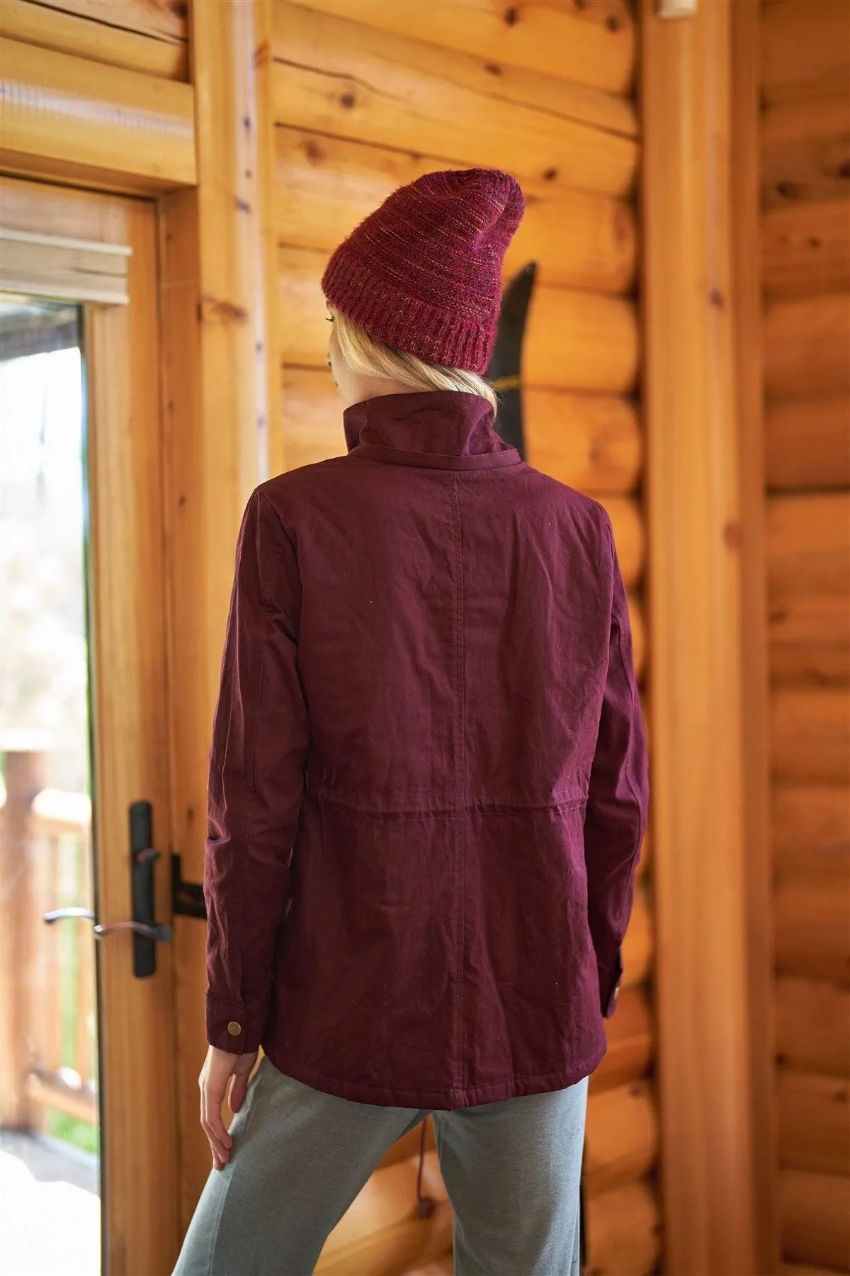 Burgundy Adjustable Fit Fleece Lining Detachable Hood Detail Zip-Up Utility Jacket