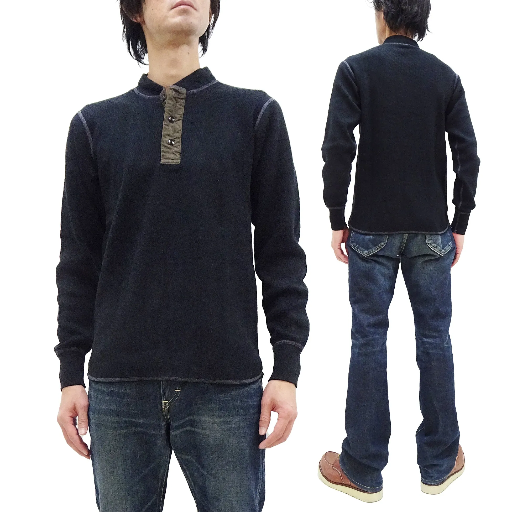 Buzz Rickson Waffle-Knit Thermal Henley T-Shirt Men's Long Sleeve Plain 3-Button Placket Heavyweight Thermal Tee BR68130 119 Black