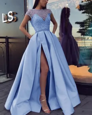 Cap Sleeves Beading A Line Satin Slit Blue Long Prom Evening Dresses    fg1546