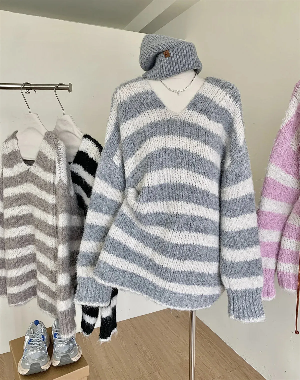 Casual Oversized Striped Pullovers Women Knitted Basic Autumn Winter Loose-Fitting Thick Jumpers Sweaters Female Clothing C-289