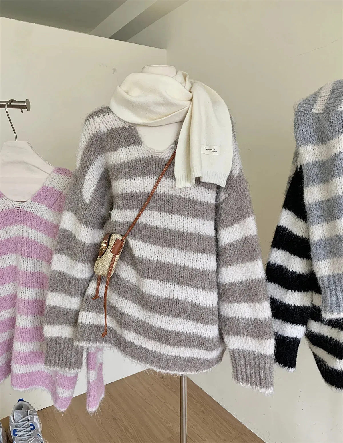 Casual Oversized Striped Pullovers Women Knitted Basic Autumn Winter Loose-Fitting Thick Jumpers Sweaters Female Clothing C-289