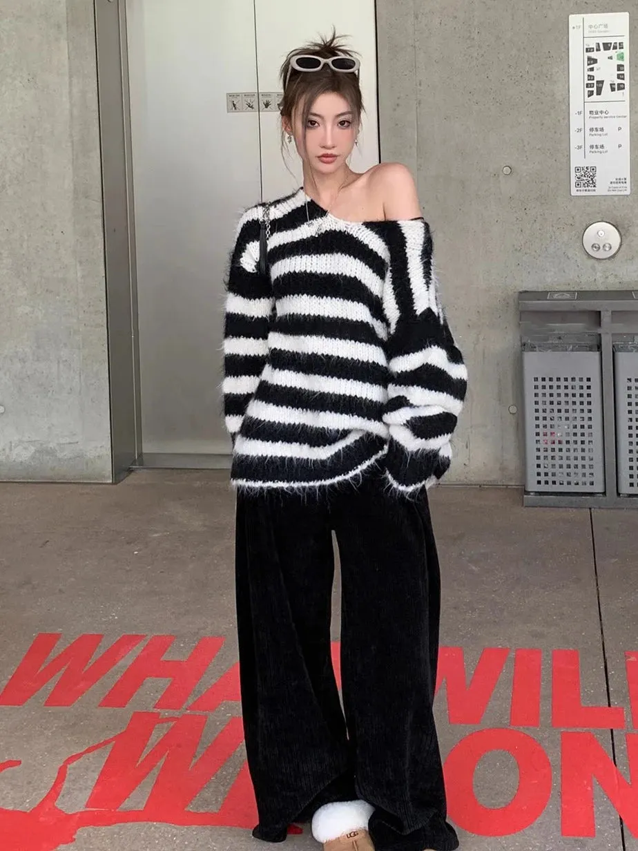 Casual Oversized Striped Pullovers Women Knitted Basic Autumn Winter Loose-Fitting Thick Jumpers Sweaters Female Clothing C-289