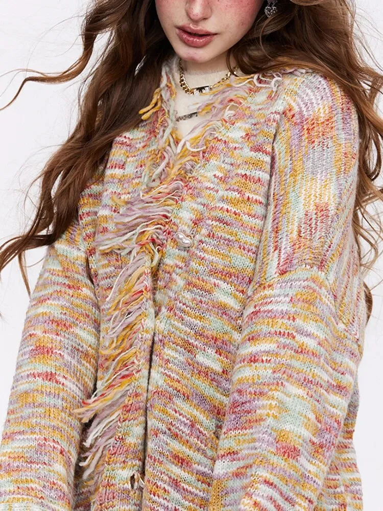 Casual Rainbow Sweaters For Women V Neck Long Sleeve Open Stitch Patchwork Tassel Loose Sweater Female Fashion