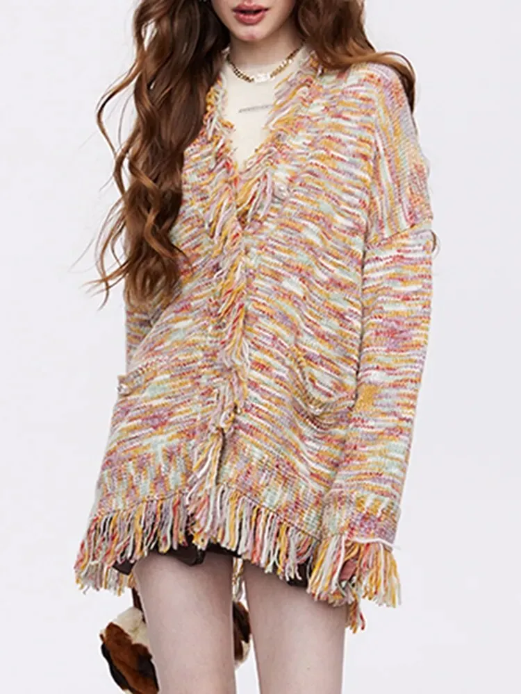 Casual Rainbow Sweaters For Women V Neck Long Sleeve Open Stitch Patchwork Tassel Loose Sweater Female Fashion