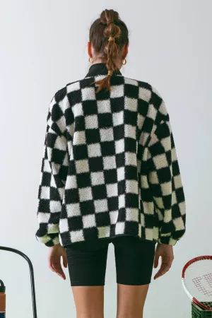 CHECKERED SNAP BUTTON FLEECE JACKET