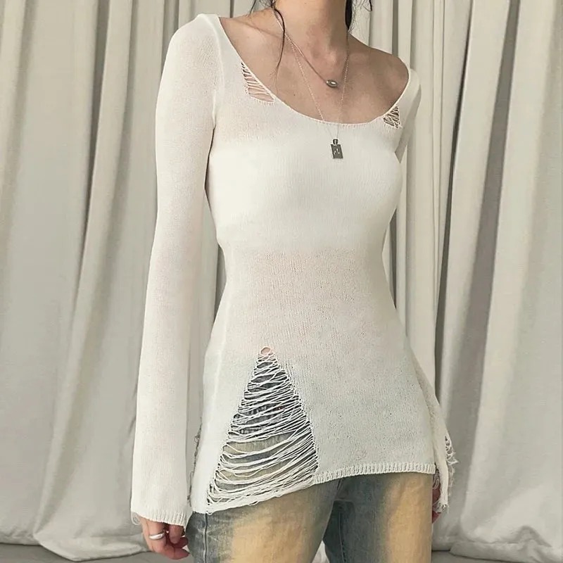 Chic Casual White Knitted Women's Sweater Hole Grunge Ripped Pullover Transparent Slim Jumper Breathable Korean Tops