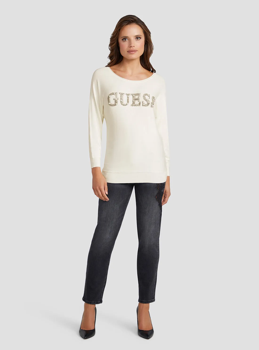 Cream White Gabrielle Embellished Logo Jumper