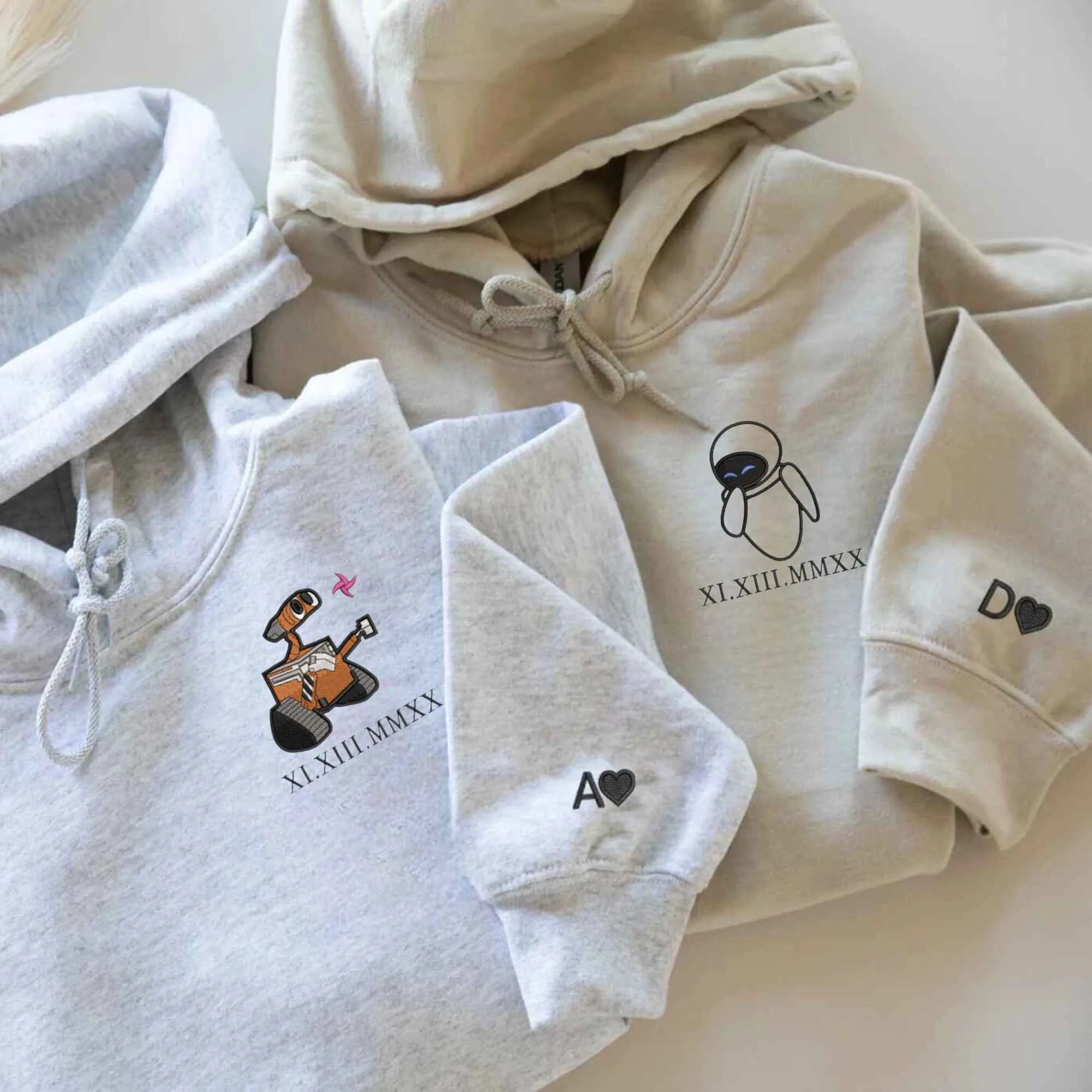 Custom Embroidered Wall E x Eve Couple Hoodies | Roman Numeral Matching Sweatshirts For Couples