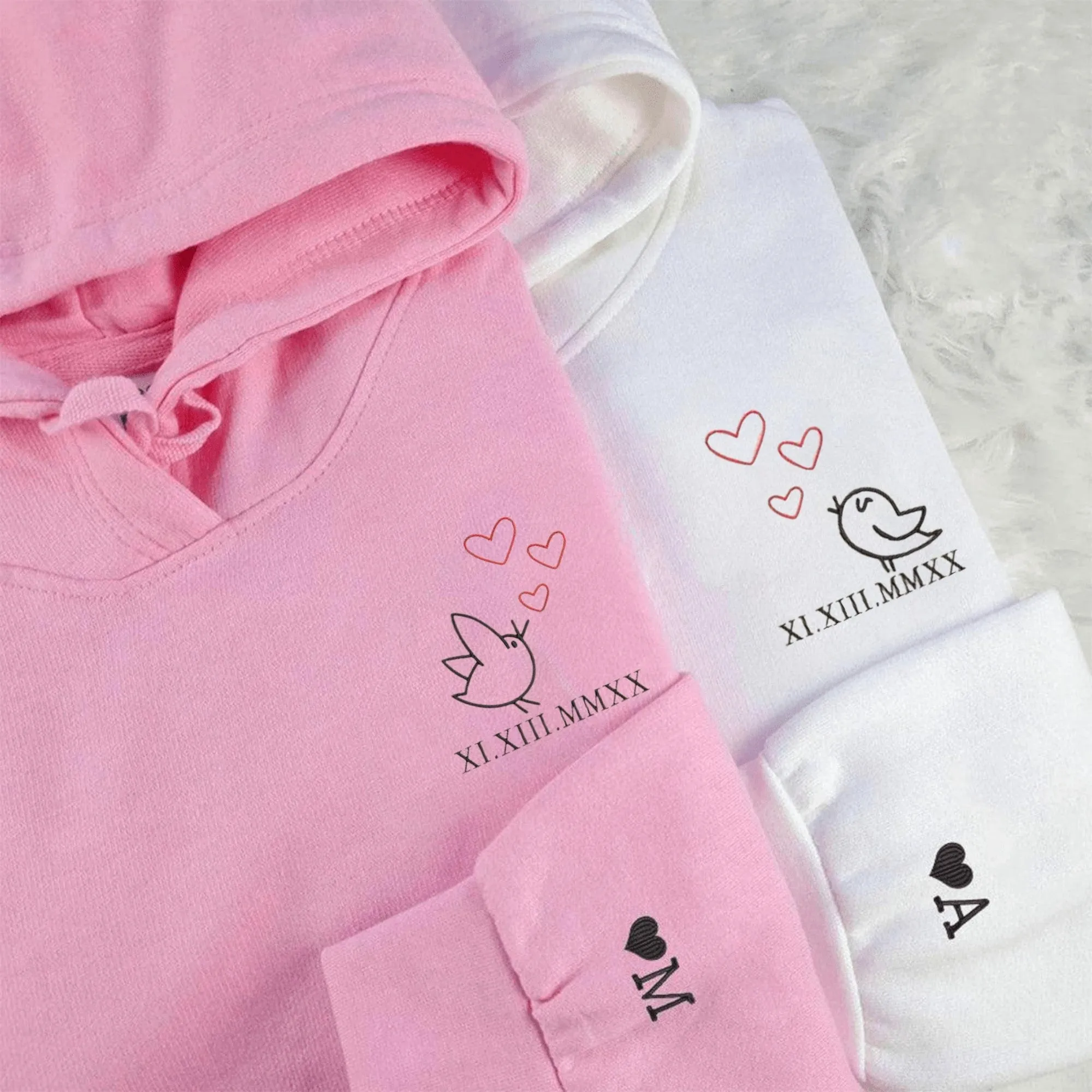 Custom Love Birds Couple Hoodies with Roman Numerals – Personalized Matching Hoodies