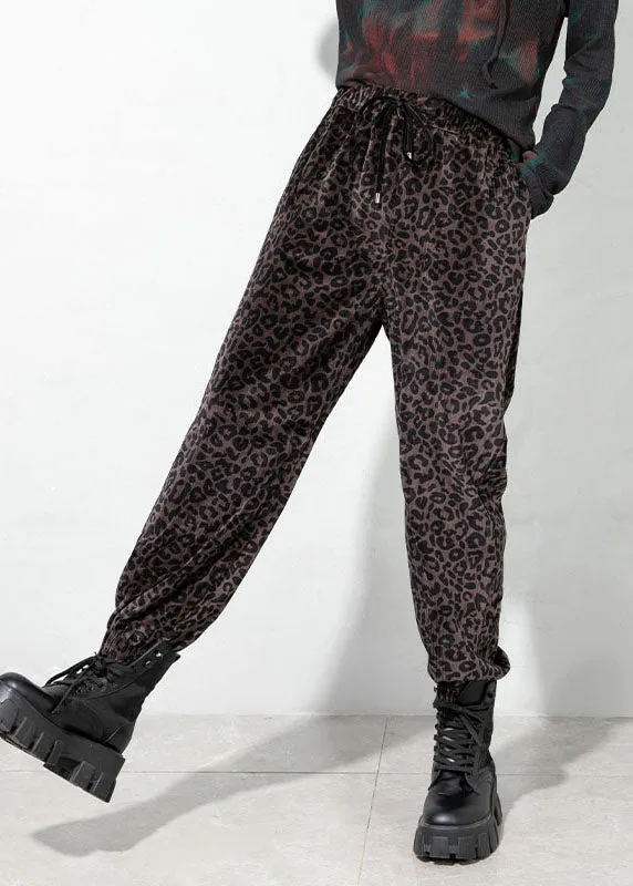 Elegant Chocolate drawstring Pockets Leopard Corduroy Pants Spring