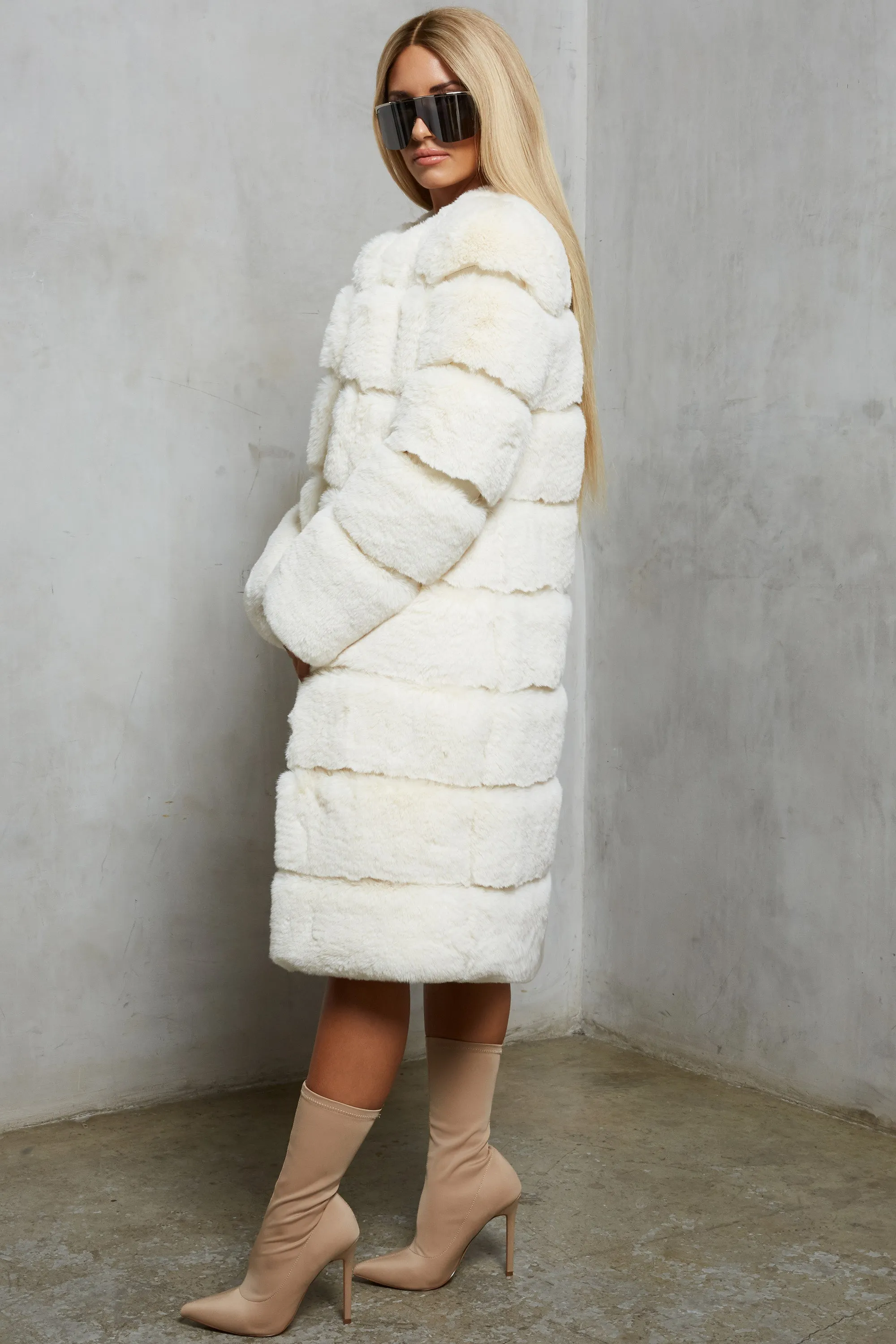 Executive Longline Panel Faux Fur Coat in Ivory