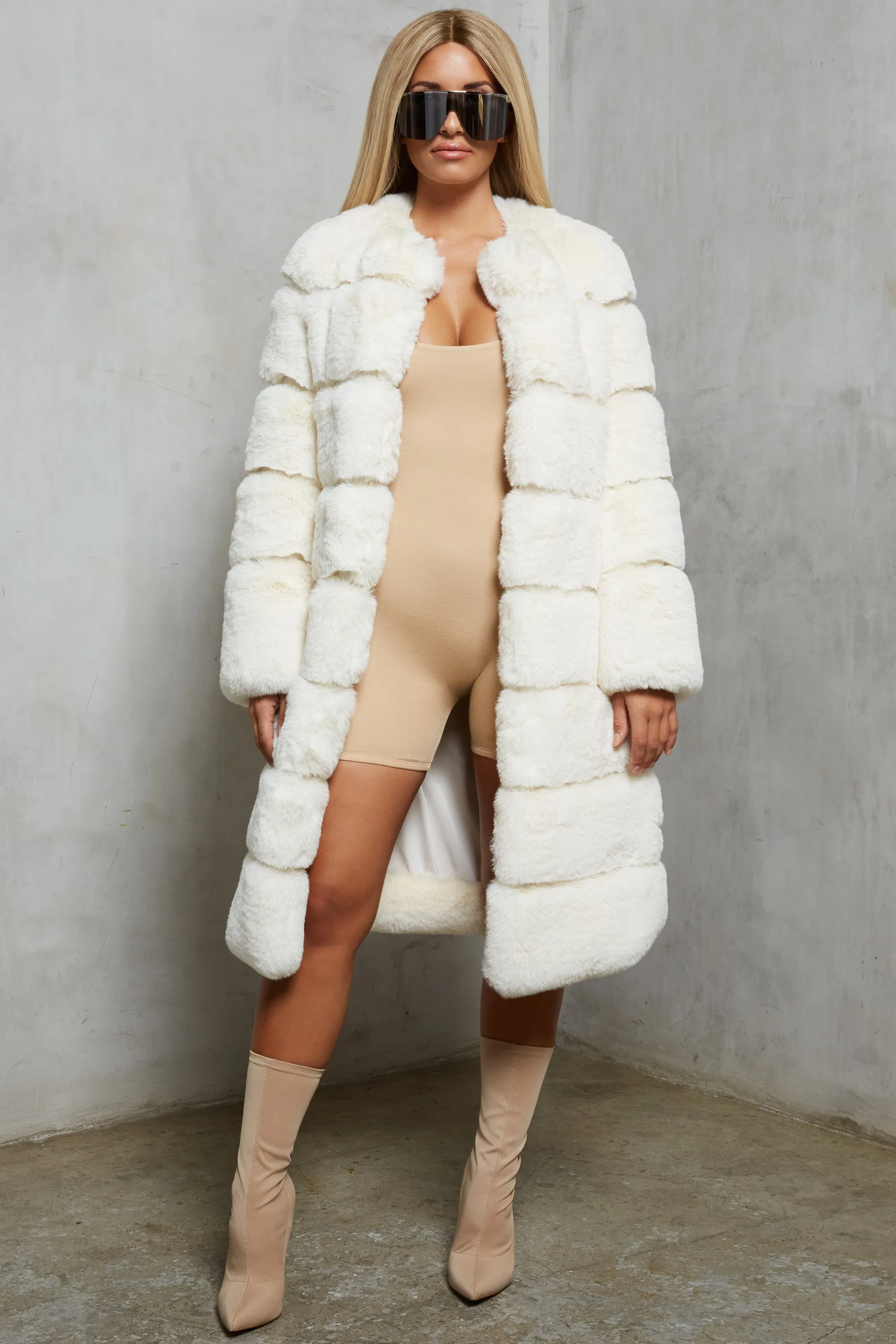 Executive Longline Panel Faux Fur Coat in Ivory