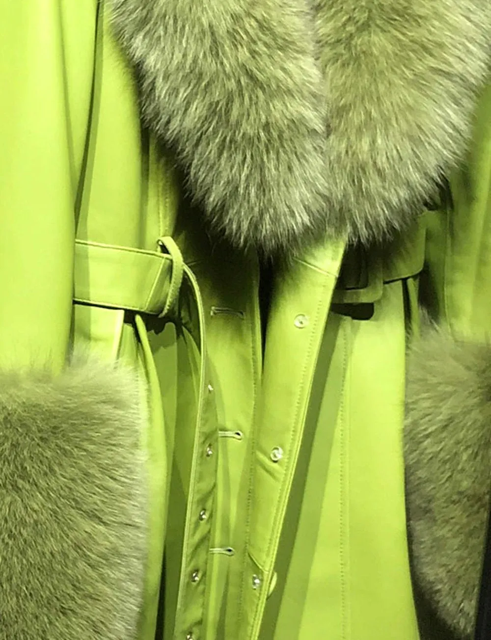 Faux Fur Genuine Leather Coat In Lime Green