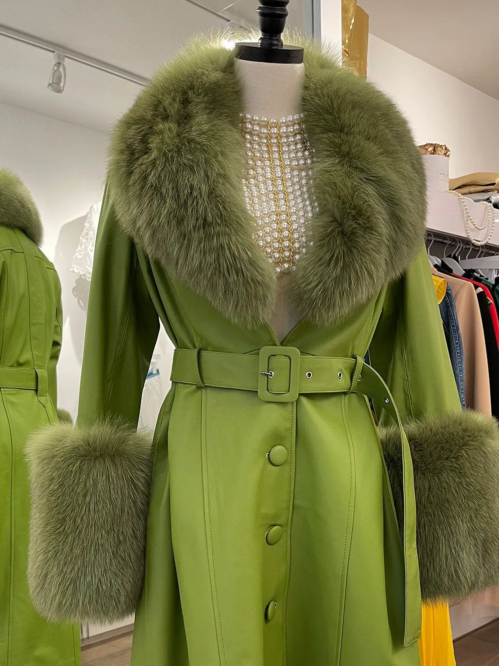 Faux Fur Genuine Leather Coat In Lime Green