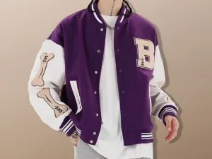 Fleece 3D Bone Letter Patchwork Streetwear Varsity Baseball Jacket