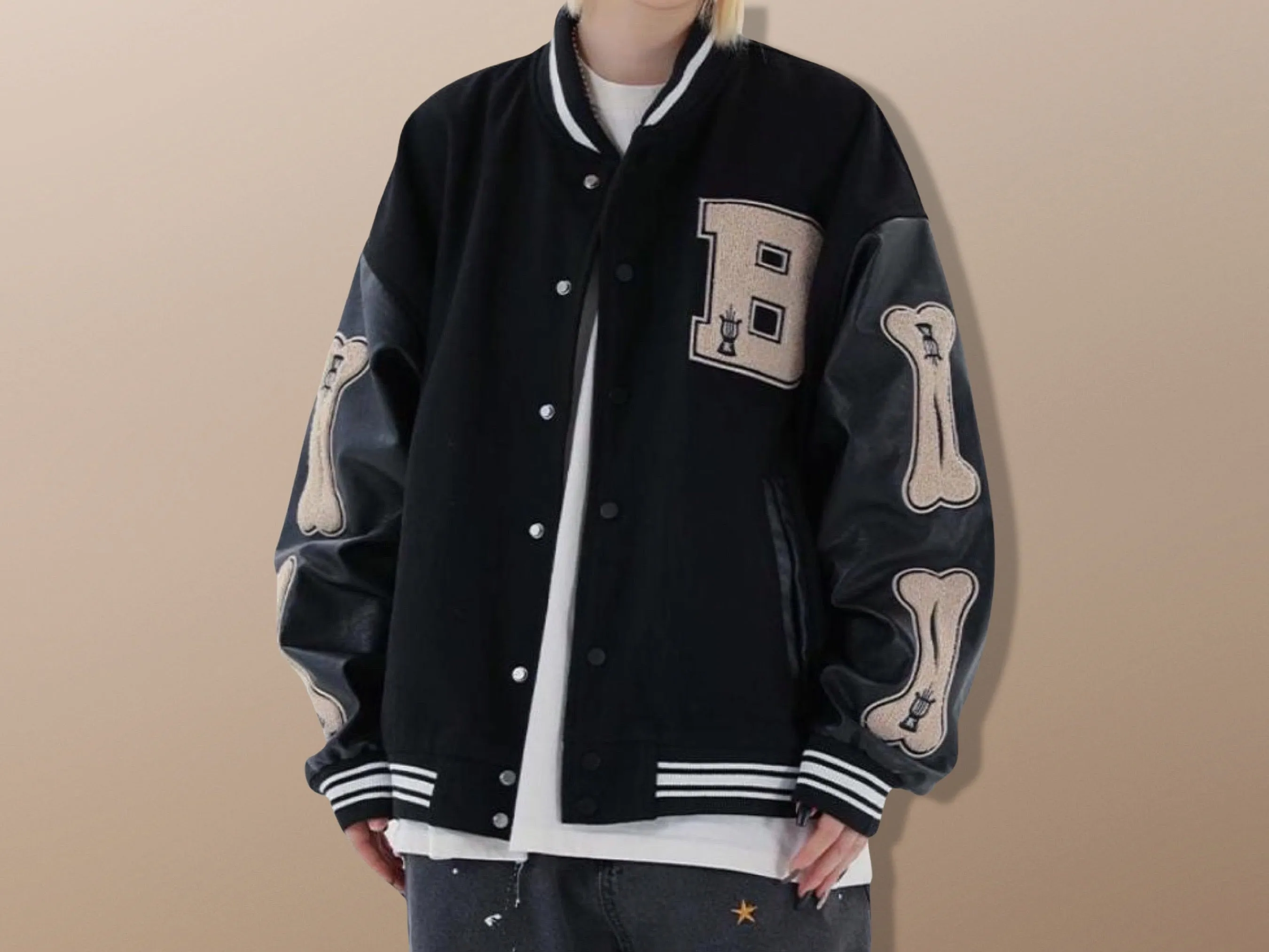 Fleece 3D Bone Letter Patchwork Streetwear Varsity Baseball Jacket