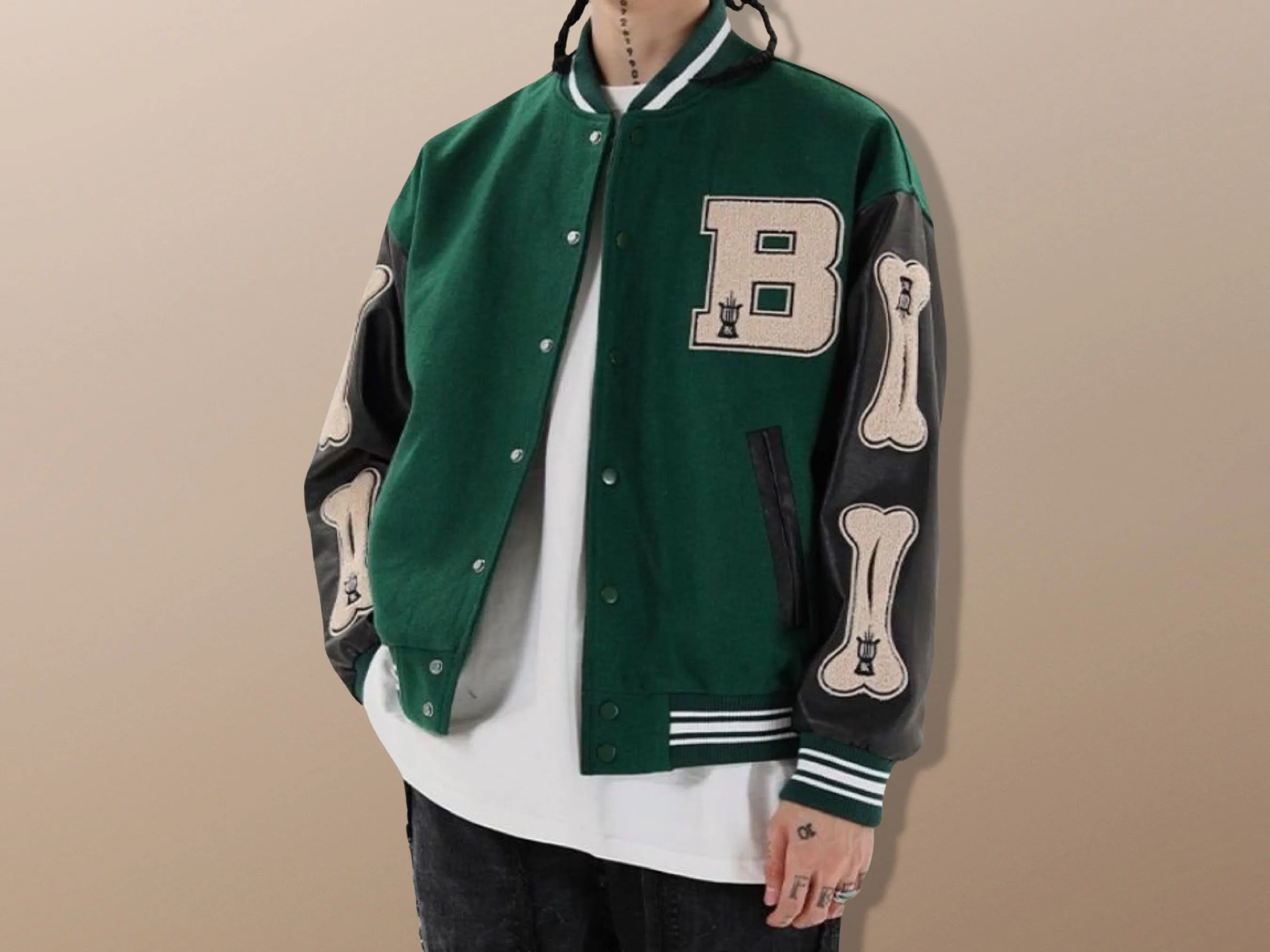 Fleece 3D Bone Letter Patchwork Streetwear Varsity Baseball Jacket