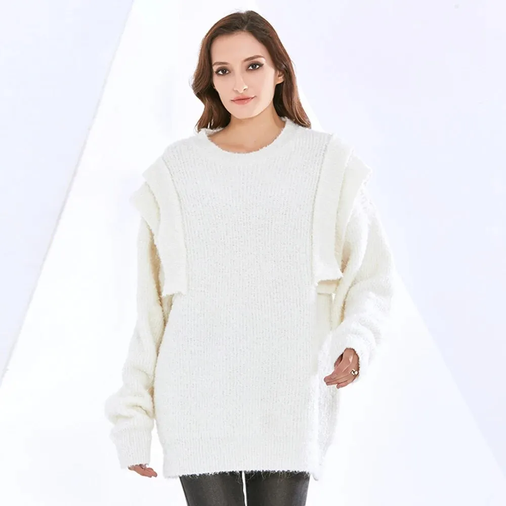 Folds Knitting Solid Sweaters For Women Round Neck Long Sleeve Pullover Casual Loose Sweater Female Fashion Clothes