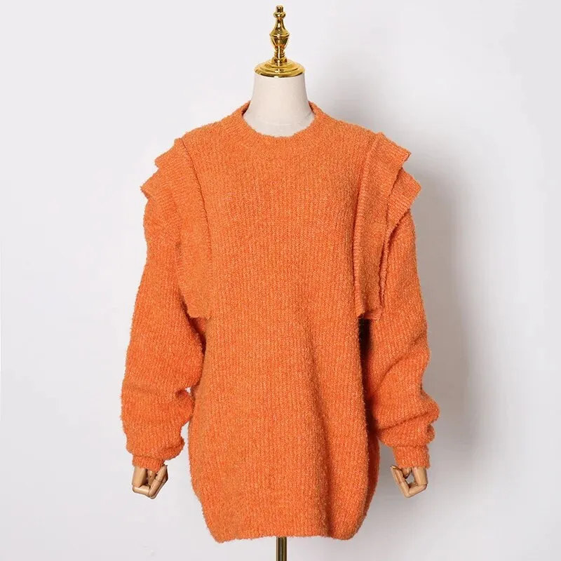 Folds Knitting Solid Sweaters For Women Round Neck Long Sleeve Pullover Casual Loose Sweater Female Fashion Clothes