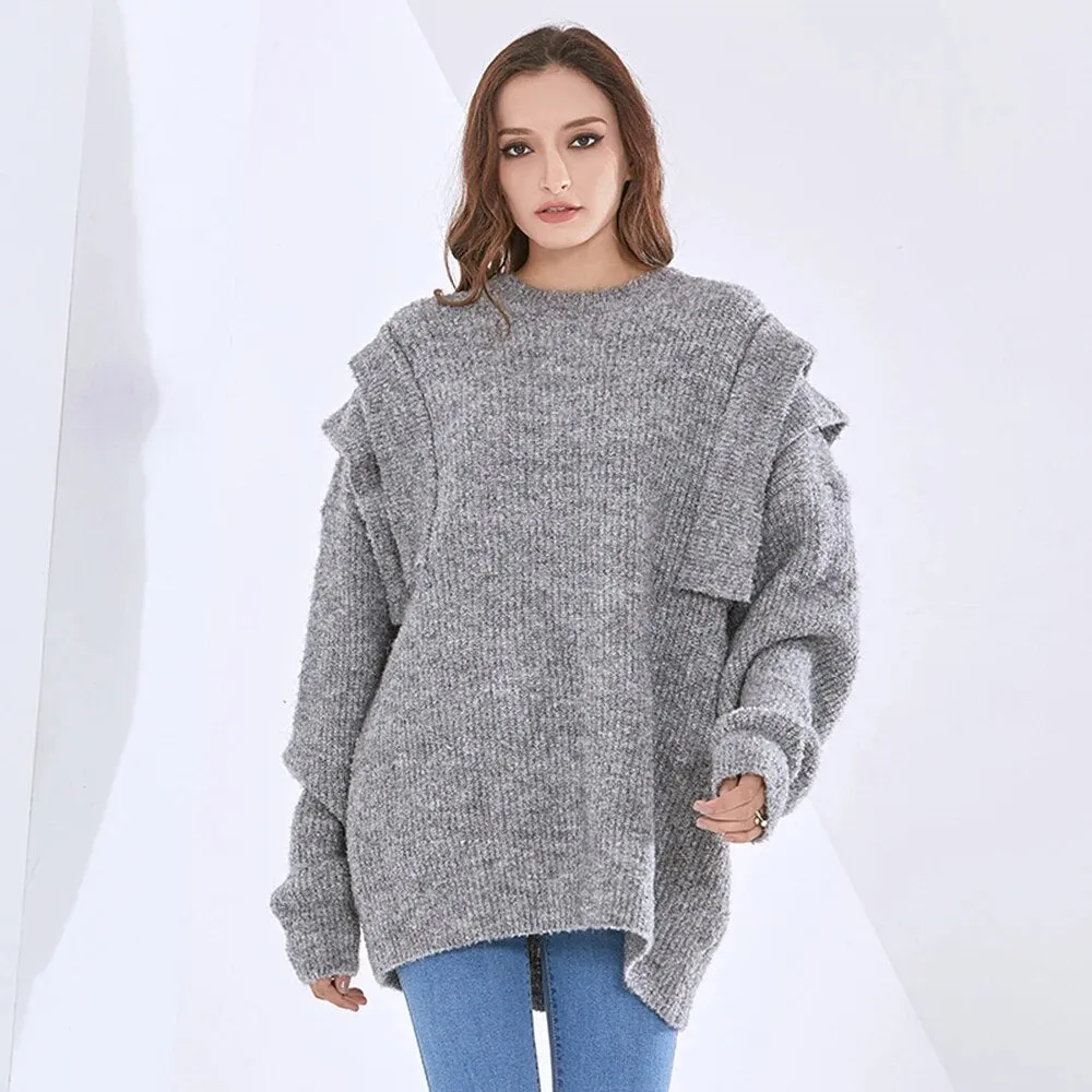 Folds Knitting Solid Sweaters For Women Round Neck Long Sleeve Pullover Casual Loose Sweater Female Fashion Clothes