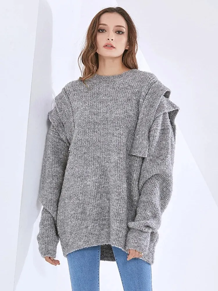 Folds Knitting Solid Sweaters For Women Round Neck Long Sleeve Pullover Casual Loose Sweater Female Fashion Clothes