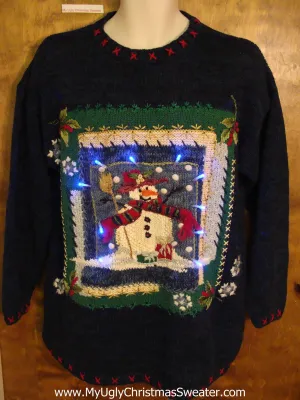 Framed Snowman Ugly Christmas Sweater with Lights