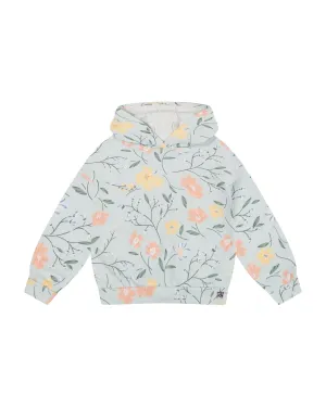 French Terry Hooded Sweatshirt Baby Blue With Printed Romantic Flower