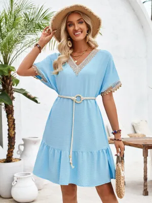 Fresh Style V-neck Lace Belt Cinched Waist Casual Mini Dress