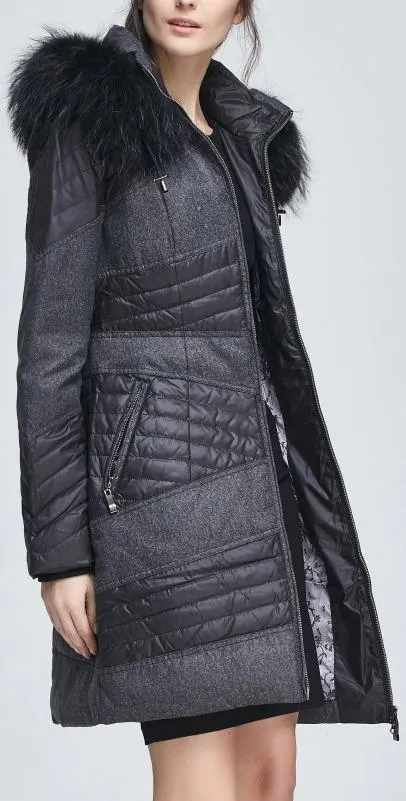 Fur-Hooded Down Coat, Dark Grey