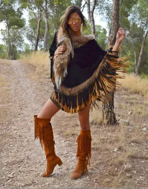 Fur Poncho with Tassels in Black