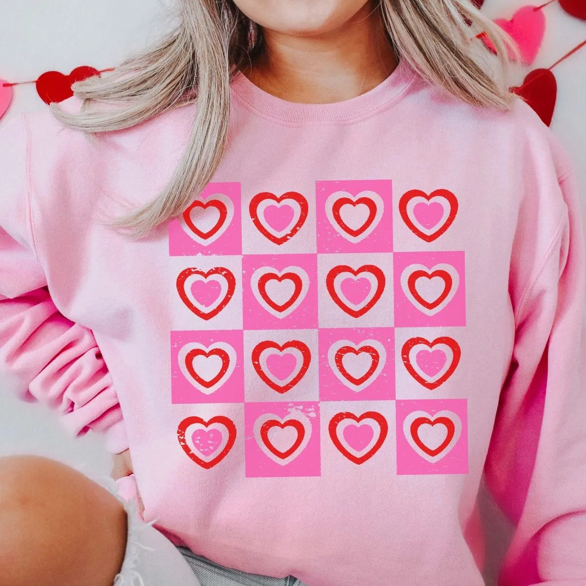 Hearts With Checkerboard Wholesale Crew Sweatshirt