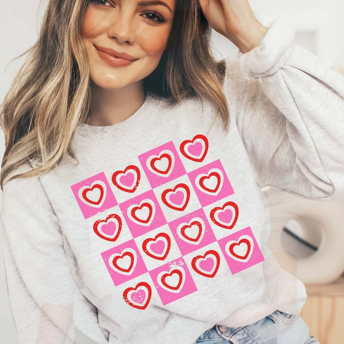 Hearts With Checkerboard Wholesale Crew Sweatshirt