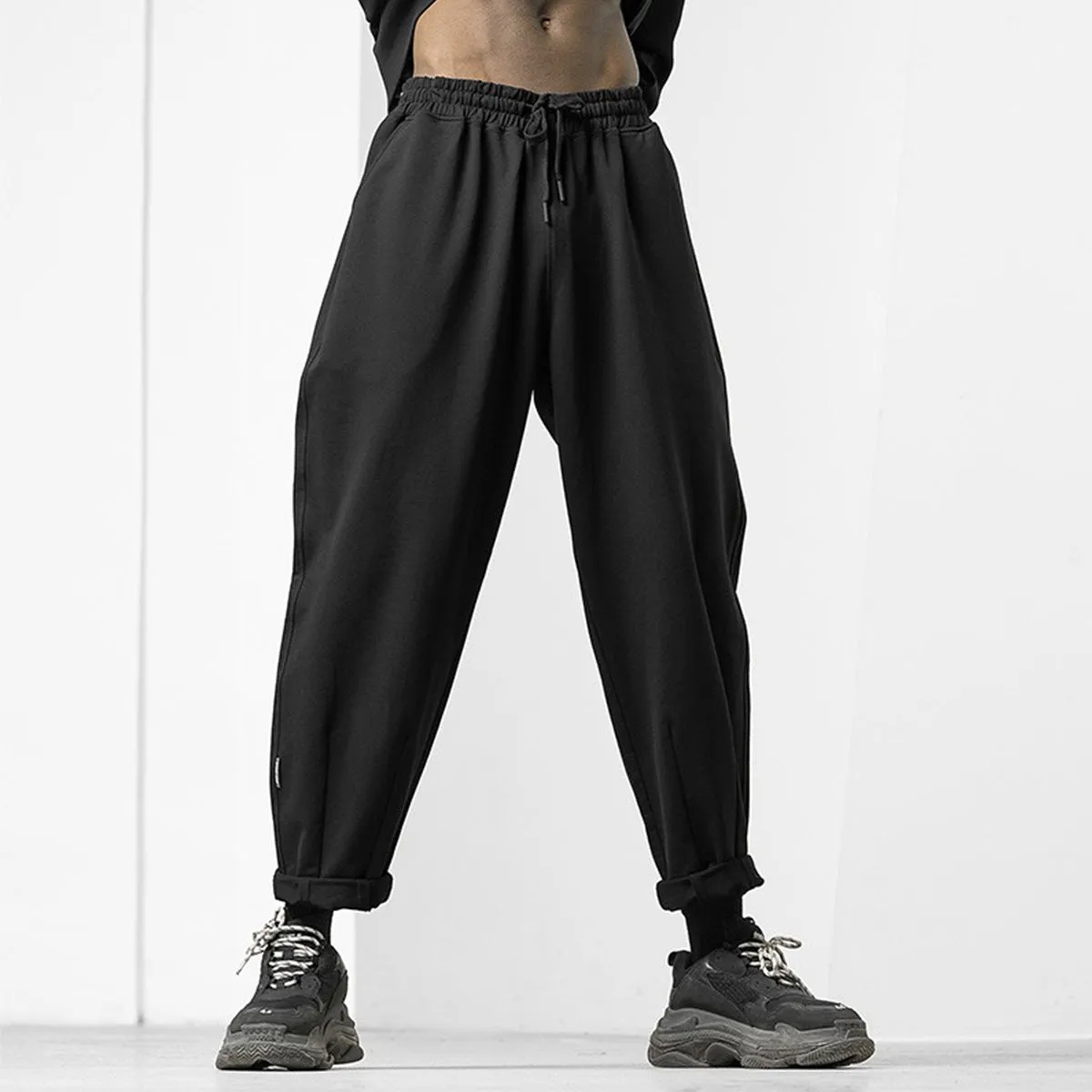 High Waist Drawstring Plain Loose Fit Black Sweatpants