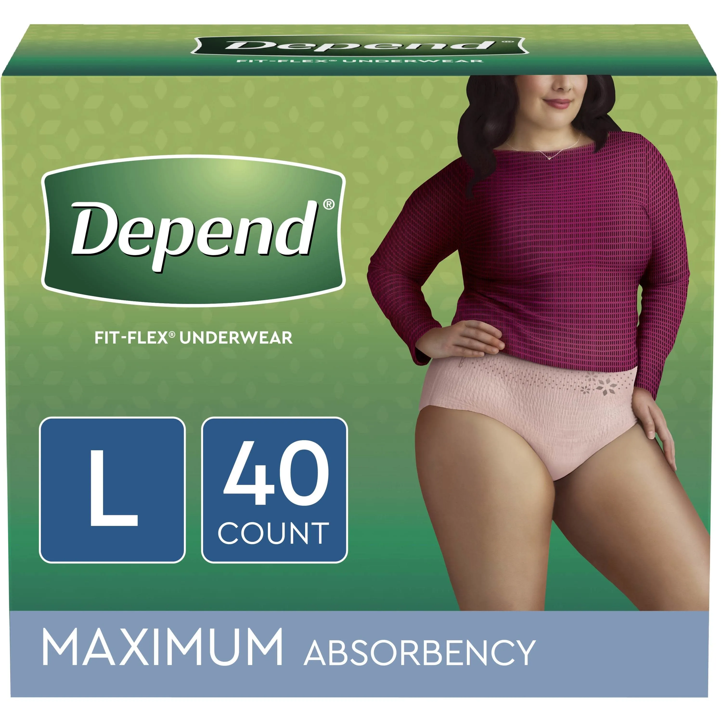 Kimberly Clark Depend Fit-Flex Incontinence Underwear for Women, Maximum Absorbency, Large, Light Pink, 40 Count