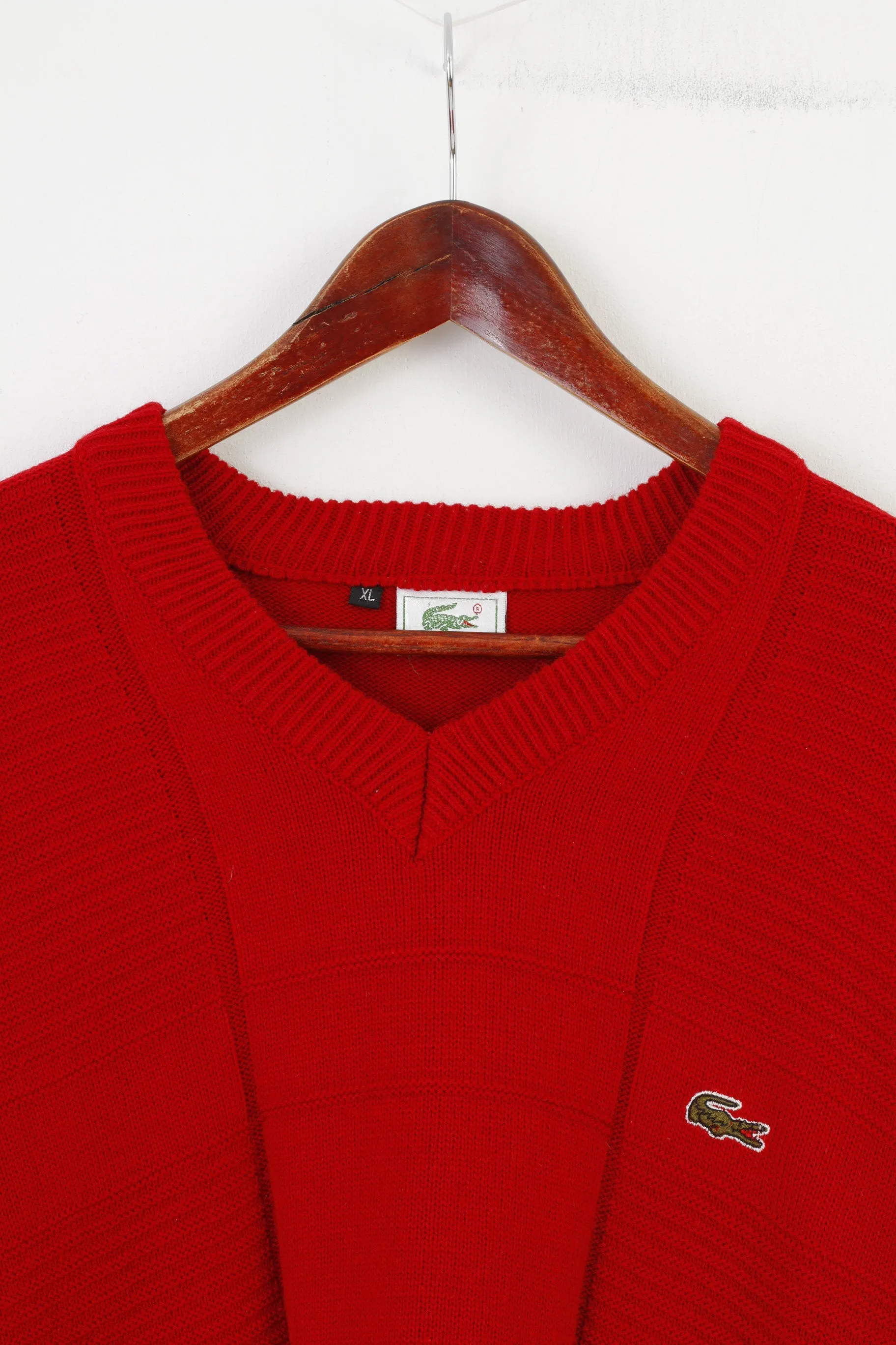 Lacoste Men XL (L) Jumper Red Cotton Vintage  V Neck Classic Retro Sweater