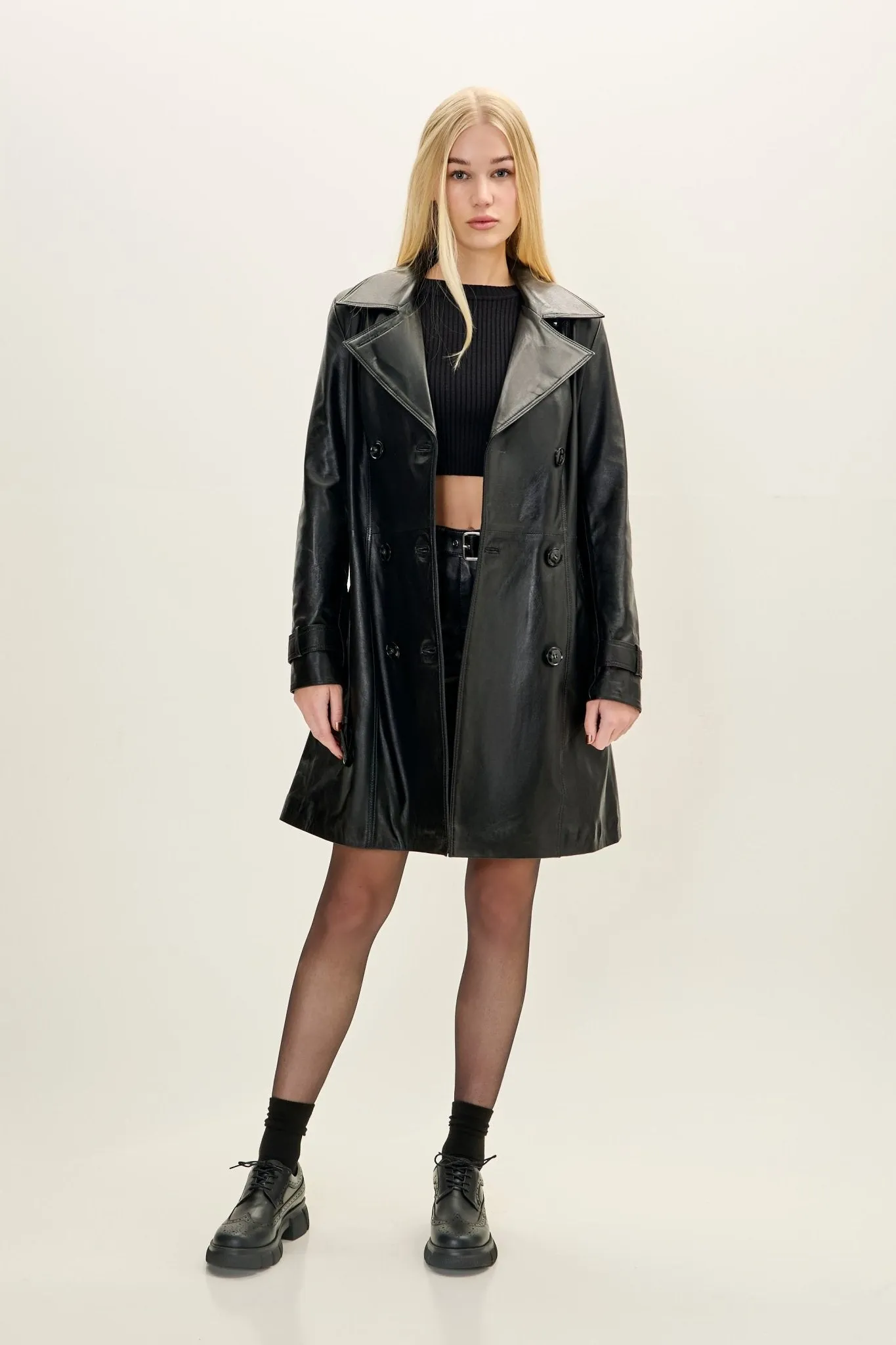 Lambskin Leather Double Breasted Trench Coat - Black