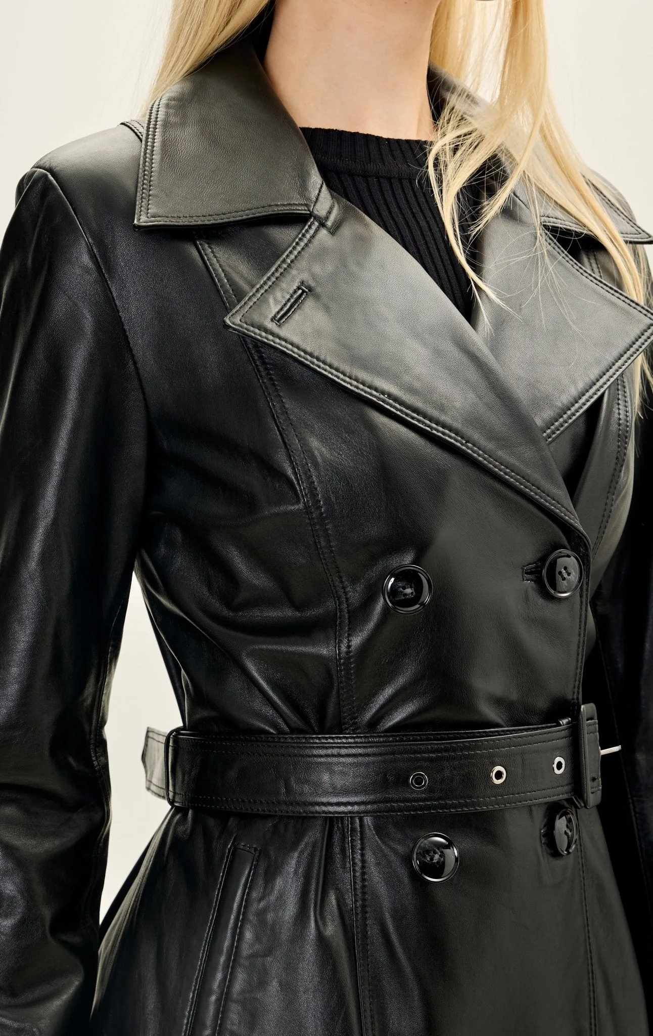 Lambskin Leather Double Breasted Trench Coat - Black