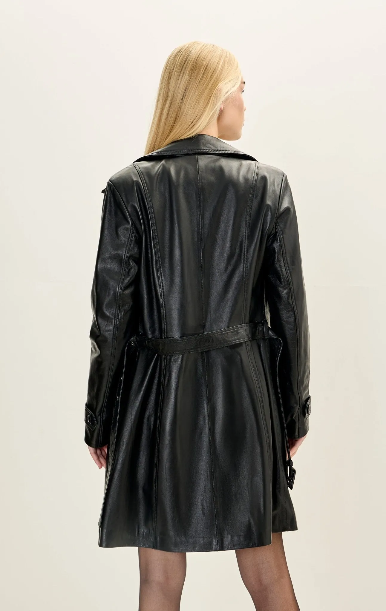 Lambskin Leather Double Breasted Trench Coat - Black