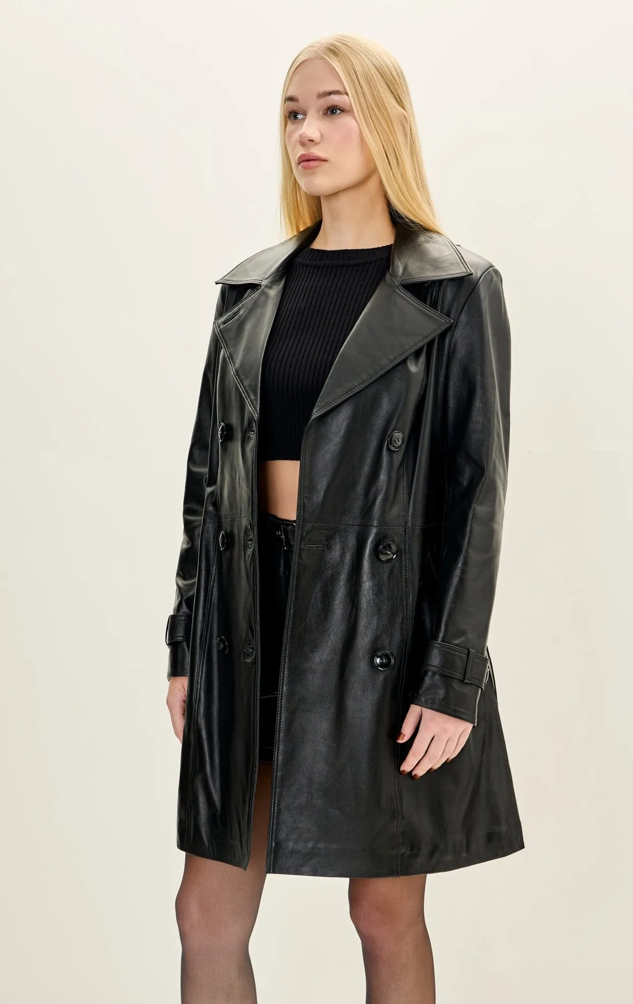 Lambskin Leather Double Breasted Trench Coat - Black