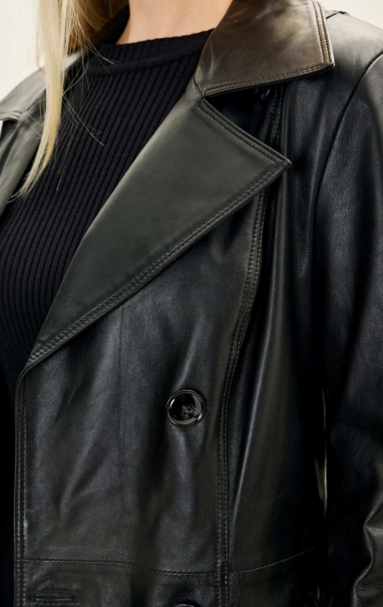 Lambskin Leather Double Breasted Trench Coat - Black