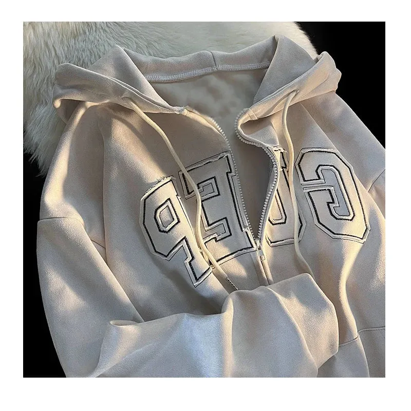 Letter Spell Color Casual Female Sweatshirts Winter Loose Zip-up O-neck Simple Women's Hoodies Fashion Streetwear Hoodie