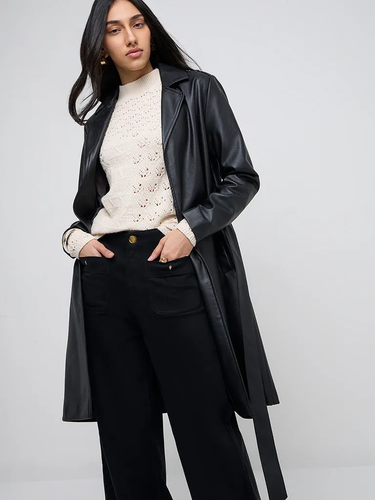 LOV Black Faux Leather Trench Coat with Belt