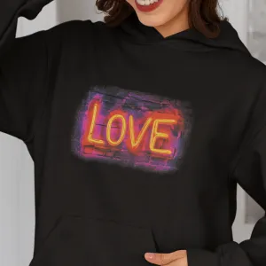 Love Graphic Neon Light Hoodie, Valentine's Day Gift, Unisex Hooded Sweatshirt, Heart Symbol Back, Neon Color Word, Cozy Jumper, Hooded