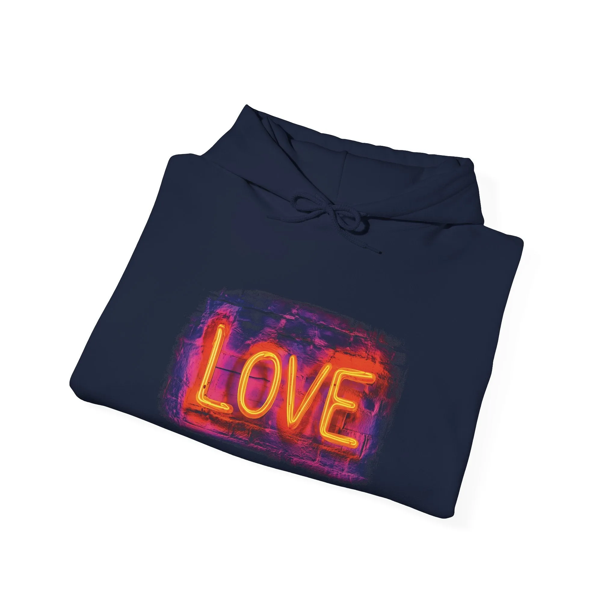 Love Graphic Neon Light Hoodie, Valentine's Day Gift, Unisex Hooded Sweatshirt, Heart Symbol Back, Neon Color Word, Cozy Jumper, Hooded